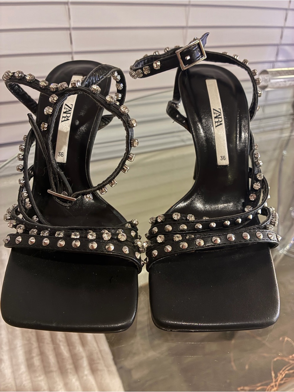 Zara Black Studded Square-Toe Ankle-Strap Heels